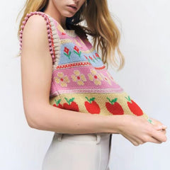 Spring 2022 Women Fashion Jacquard Crop Knitted Vest Sweater O Neck Sleeveless Chic Female Casual Waistcoat