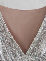 Lizakosht Women's Silver Sequins Blouse Female Fashion Puff Sleeve V Neck Short Pleated Shirt Tops Spring Chic Sexy Street Wear