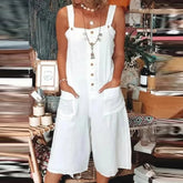 Lizakosht Women Cotton Hemp Beach Playsuit Bodysuit Casual Pocket Button Jumpsuit Linen Vintage Female Loose Strappy Pants Romper Overall