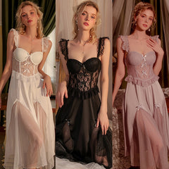 Lizakosht Sexy Night Dress Women Lace Sleepwear Mesh Sling Camisole Long Robe Nightgown Pajamas Sets Party Lingerie Set Home Suit Nighty