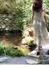 Lizakosht Women's Vintage Court Style Lace Short Sleeve Dress Summer Fashion Temperament Female V-Neck Lace Print Mid-calf A-line Dress