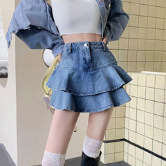 Lizakosht Double Layered Ruffled Denim Skirt for Women's Spring/summer 2023 A-line Short Skirt