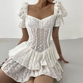 Vintage Elegant A-Line Dreess See Through Sexy Slim Square Collar Puff Sleeve Mini Dresses For Women  Summer Spring