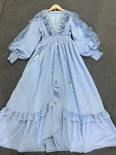 Lizakosht Sexy solid color long-sleeved loose dress waist spring and summer female V-neck stitching lace embroidery swing new dress