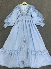 Lizakosht Sexy solid color long-sleeved loose dress waist spring and summer female V-neck stitching lace embroidery swing new dress