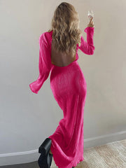 Sexy Pleated Maxi Dress for Women 2022 Summer Elegant Draped Backless Long Sleeve Slim Club Party Dress Casual Outfit Clothes