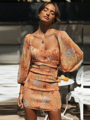 Lizakosht Fashion Square Collar Print Lantern Sleeve Chiffon Dress For Women 2023 Sexy Backless lacing Wrap-around Mini Dresses A2692