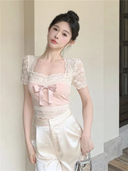 Lizakosht Cute Tops Tee Women Summer Bow Decoration Lace Patchwork Slim Short Tshirt for Sweet Girls Kawaii Clothes
