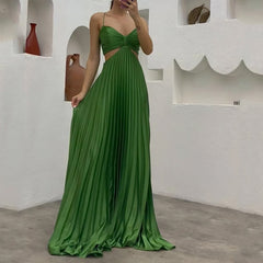 Lizakosht Women Maxi Dress Summer Solid Sling Suspender Sleeveless Pleated Backless Lace Up Beach Party Dresses High Streetwear