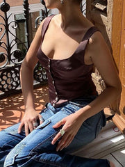 Lizakosht Satin Square Neck Sleeveless Cardigan Top Women Fashion Solid Single Breated Vest Female Sexy Suspender Underwaist