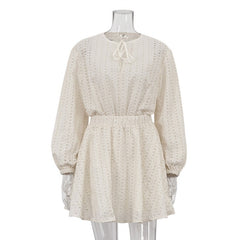 Lizakosht Autumn Elegant Hollow Out Two Piece Skirt Set Y2K INS Clothes Outfits Long Puff Sleeve Shirt Top Pleated Skirt Boho Outfits