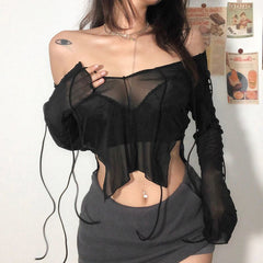HOUZHOU Sexy Black Mesh Crop Top Women Gothic Y2K Grunge See-through Irregular Split Long Sleeve T-shirts Punk Goth Streetwear