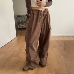 Lizakosht Ladies Harajuku Baggy Drawstring Pockets Cargo Pants Women Letter Embroidery Low Waist Casual Straight Trousers