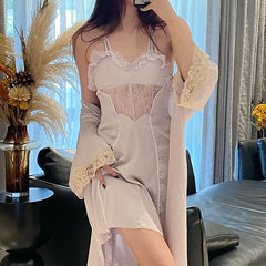 Lizakosht Summer Female Lace Nighty&Robe Set Women Bathrobe Gown Nightgown Suit Lingerie Satin Kimono Sleepwear Home Dress Loungewear
