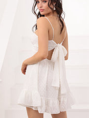 Lizakosht Women Bohomian Style Summer Sleeveless Deep V Neck Swiss Dot A-line Layered Fuffled Short Sling A-Line Backless Dress