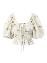 Lizakosht Women French Style Beige Floral Embroidery Linen Crop Shirt Vintage Puff Sleeve Female Summer Tops Short Blouse