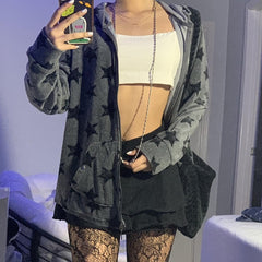 Retro Star Pattern Hoodie women Velvet Sweatshirt Women new autumn winter Double Pocket Loose Long Sleeve hiphop Zipper Jacket