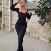 Lizakosht Women Spring Fashion Sexy Maxi Dress Party Summer Solid Elegant Long Sleeve Even Dresses Bodycon Beach Robe Slim Vestidos