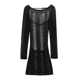 Lizakosht Women Umbra Shredded London Backless Long Sleeve Laddered Knit Mini Dress
