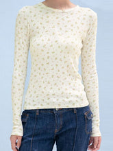 Lizakosht Sweet Floral Print Waffle T-shirts Women Vintage Cute Round Neck Slim Long Sleeve T Shirt Women Casual Harajuku Y2k Crop Top