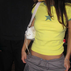 Lizakosht Womens Y2K Harajuku Short Sleeve Crop Tops Star Print Contrast Color O-Neck Slim Fit Tee Shirts Summer Streetwear