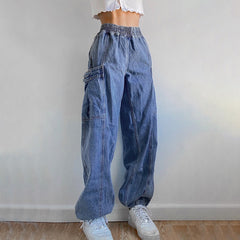 Lizakosht Sexy Fashion Cargo Trousers Ins Street Solid Vintage Work Jeans Elastic Waist Straight Leg Jeans Workwear Femme Mujer