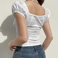 White Sexy Lace Women's T-Shirt Top Fashion Puff Sleeve Cardigan Shirt Slim Casual Short Sleeve Ladies Blouse Spring New