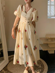 Lizakosht Summer Floral Print Midi Dress Korean Style Women Casual Puff Sleeve Single Breasted Vestidos Ladies 2023 New Clothing