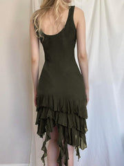 Lizakosht Sundress Y2k Ruffle Dress Slim Fit Solid Falbala Irregular Layering Short Dress Women Clothing Dresses Summer Fashion