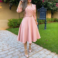 Lizakosht Autumn Dress Women Slim High Waist V-neck Bandage Pleated Dress Women Casual Long Sleeve Double Breasted Turn-down Collar Dress