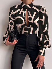 Vintage Print Lantern Sleeve Lace-Up Womens Shirt 2022 Elegant Hollow Out Backless Crop Top Sexy Fashion Turtleneck Blusa Blouse