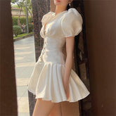 Summer Short White Dress Women Puff Sleeve Sexy V-Neck Pleated Mimi Party Dresses Women Vestidos Single Breasted Ball Gown F121