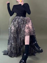 Lizakosht A sense of design early spring new ink print dress elegant French retro high waist slim double mesh skirt design skirt.