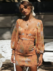 Lizakosht Fashion Square Collar Print Lantern Sleeve Chiffon Dress For Women 2023 Sexy Backless lacing Wrap-around Mini Dresses A2692