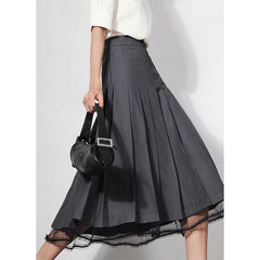 Lizakosht Women's Skirts New Grey Lace Stitching Pleated High Waist A-Line Midi Skirts Commuter Free Shipping
