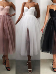 Black Princess Evening Dress Strap Tube Top Sexy Fantasy Sleeveless Open Back Mesh and Calf Length Party Ball Dresses Hot Sale