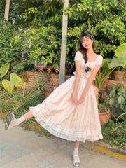 Lizakosht Summer Korean Ruffles Fairy 2 Pieces Set Vintage Women Square Collar Princess Kawaii Floral Print Blouse+High Waist Skirts Suits