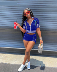 Lizakosht  Letter Striped Active Women 2pcs Set Short Sleeve Jacket and Shorts Set Sport Sweatsuit Tracksuit Two Piece Set Outfits