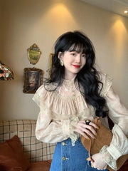 Lizakosht Elegant French Blouse Women Temperament Sweet Ruffles Loose Patchwork Tops Lady Vintage Hollow O-neck Long Sleeve Sweet Shirts