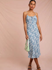 Lizakosht Women Dress Spring and Summer New Products 100% Viscose Printed Lace-up Suspender Dress Women Slim Mid-length Dress