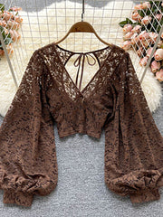 Lizakosht Autumn Black/White/Brown Sexy Lace Blouse Women Elegant V-Neck Puff Long Sleeve Open Back Short Tops Female Party Blusas