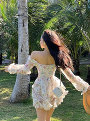 Gypsylady Floral Printed Chic Mini Dress Beige Smocked Summer Women Dresses Lantern Sleeve Backless Sexy Holiday Ladies Vestidos