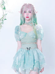 Lizakosht New Original Summer Hot Girl Sexy Gothic Fashion Temperament Harajuku Punk Green Tie Dyed Bubble Sleeve Bandage Top Suit