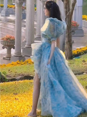 Lizakosht Even Party Midi Dress Office Lady Summer Short Sleeve Blue Formal Dress Women Puff Sleeve Elegant Lace Dress Korean Outwear