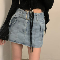 Lizakosht Fashion Double Pocket Light Blue Denim Skirt Casual High Waist Women Package Hip Skirts Street Ladies Straight Short Skirt
