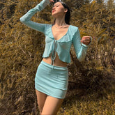 Lapel Tank Top Ruffles Tie Crop Top and Women's Pleated Mini Skirt Matching Set Women Skinny Cutout Sexy Two Piece Set for Women