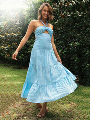 Lizakosht 2022 New Fashion Sexy Smock Halter Croset Plaid Hollow Out Summer Dress Women Backless Sundress Swing Long Dresses