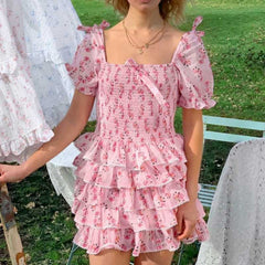 Lizakosht pink floral summer dress sweet girl tiered ruffled party dress smocked bodice short sleeve mini dress women