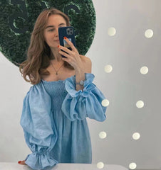 Lizakosht Women New Vintage Style Square Collar Long Puff Sleeve Off the Shoulder Lady Linen Midi Dress