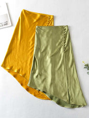 Lizakosht Women New Design Summer Skirt Solid Yellow Green High Waist Female Side Split Sexy Ladies Silk Skirts